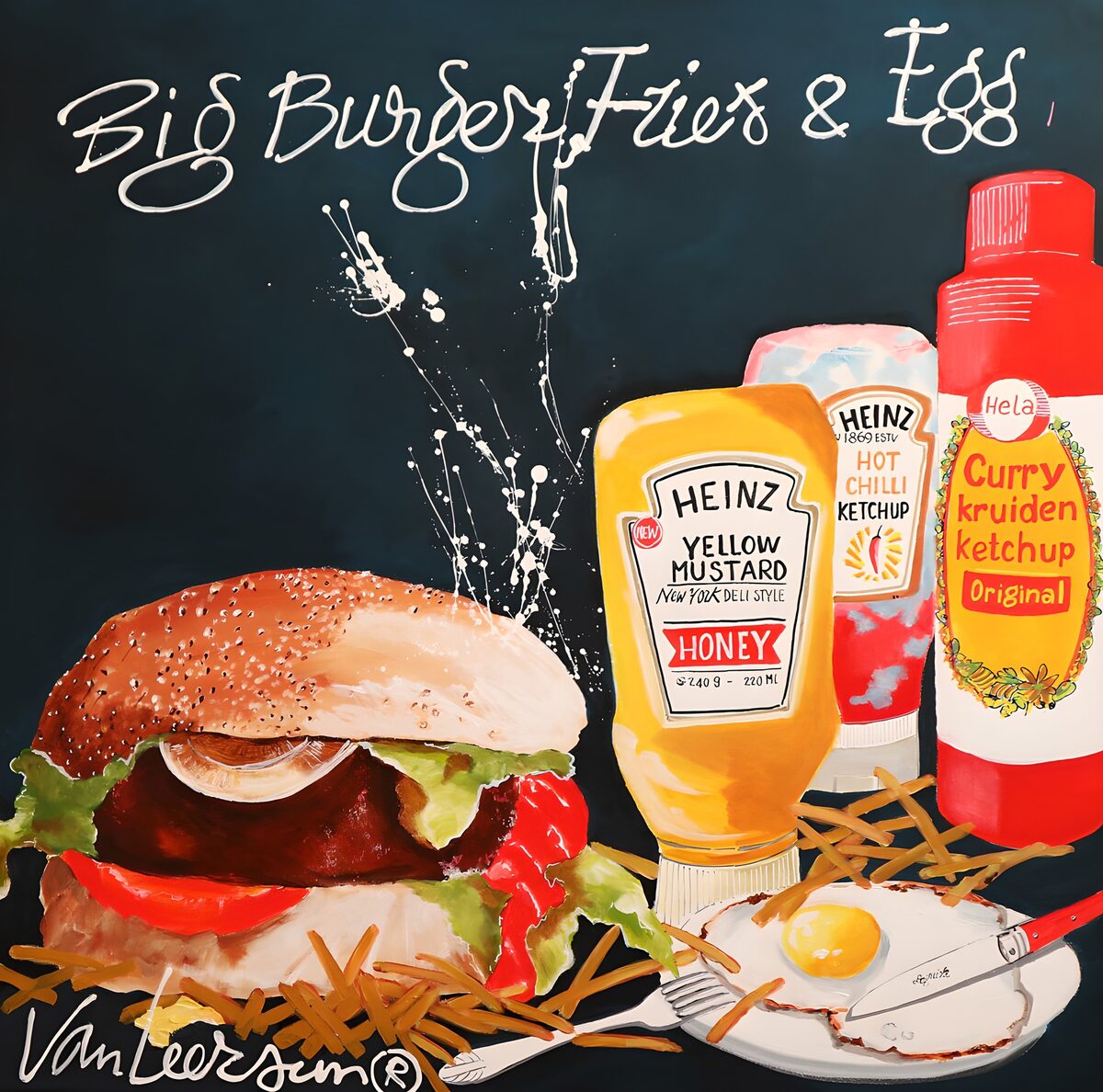 Hamburguesa con patatas, huevo y salsas