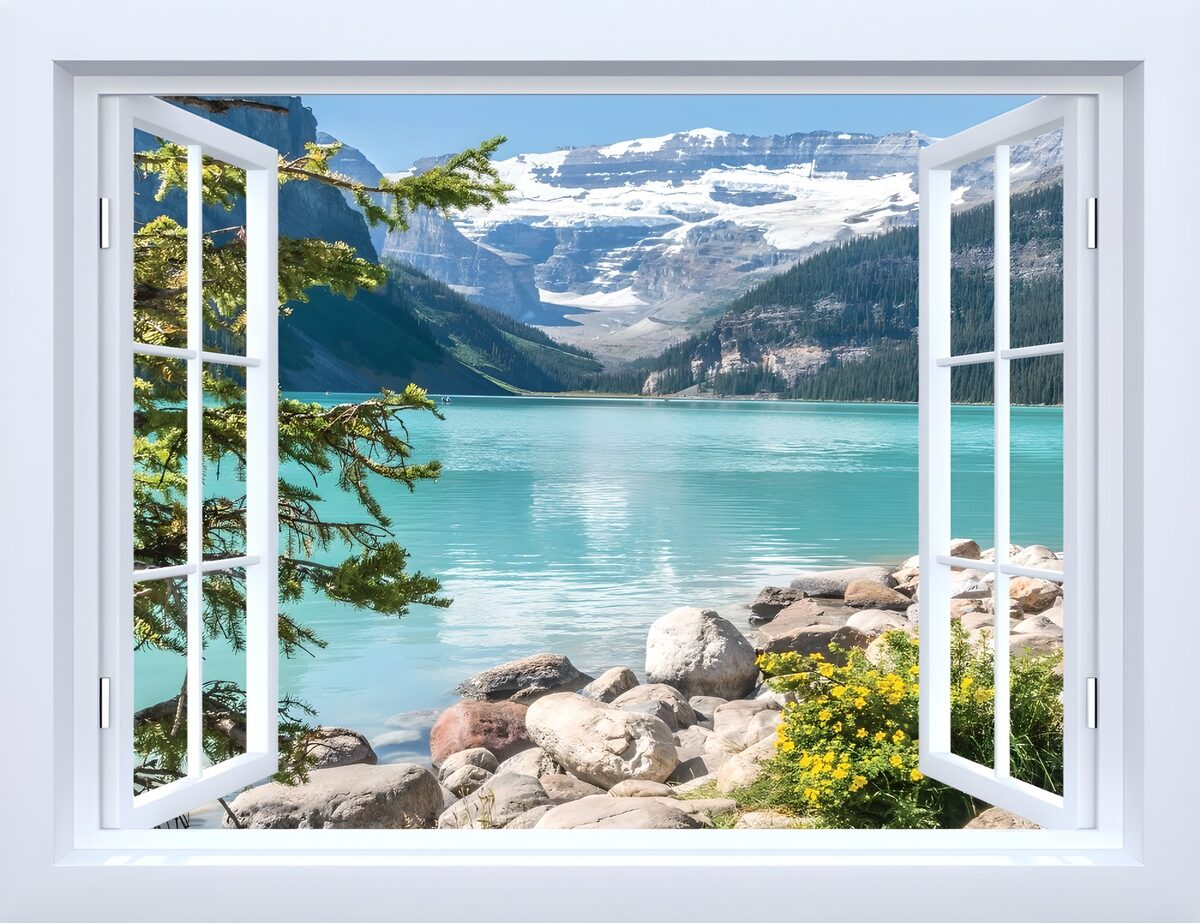 Ventana abierta a un lago de montaña