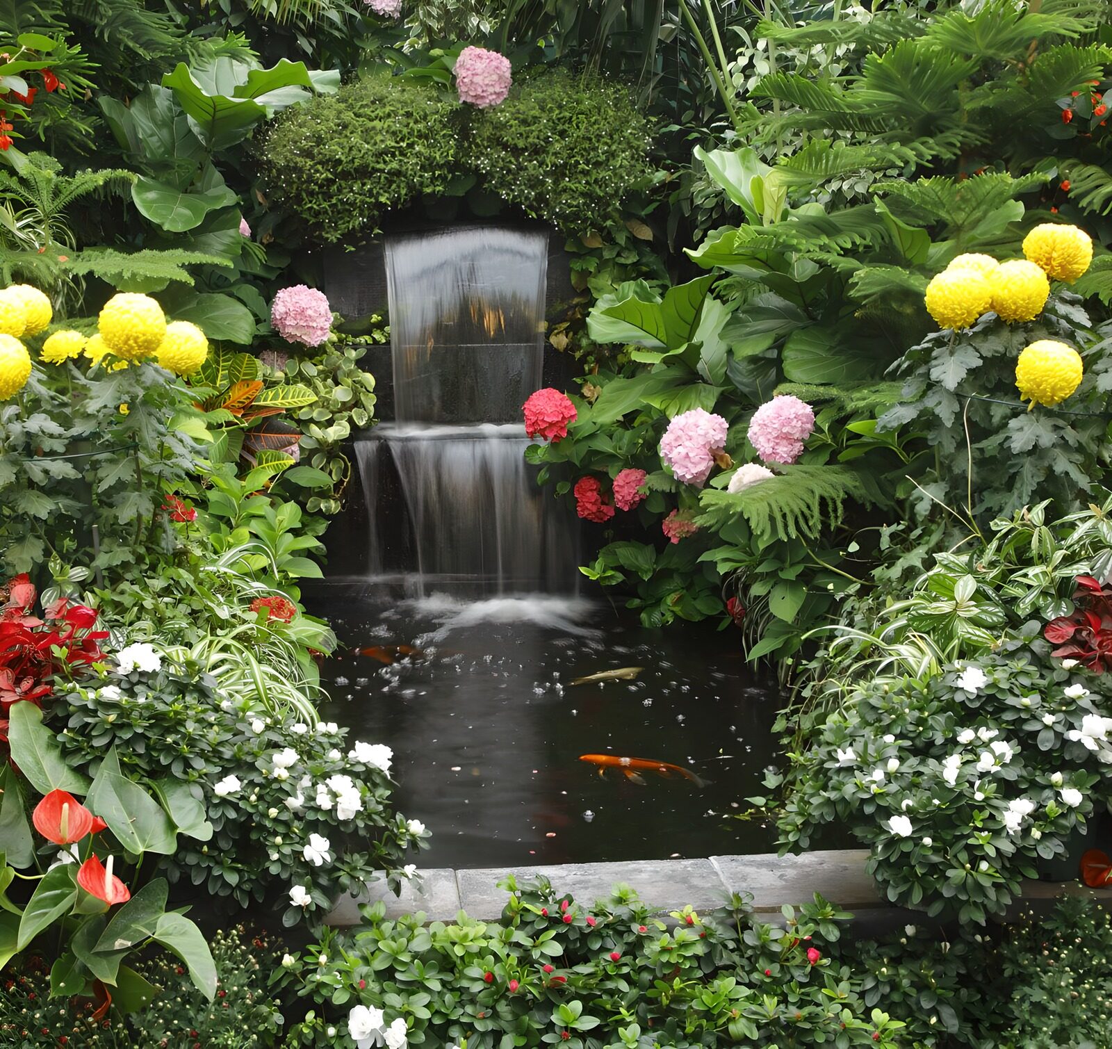 TPES45387: Estanque con cascada entre flores