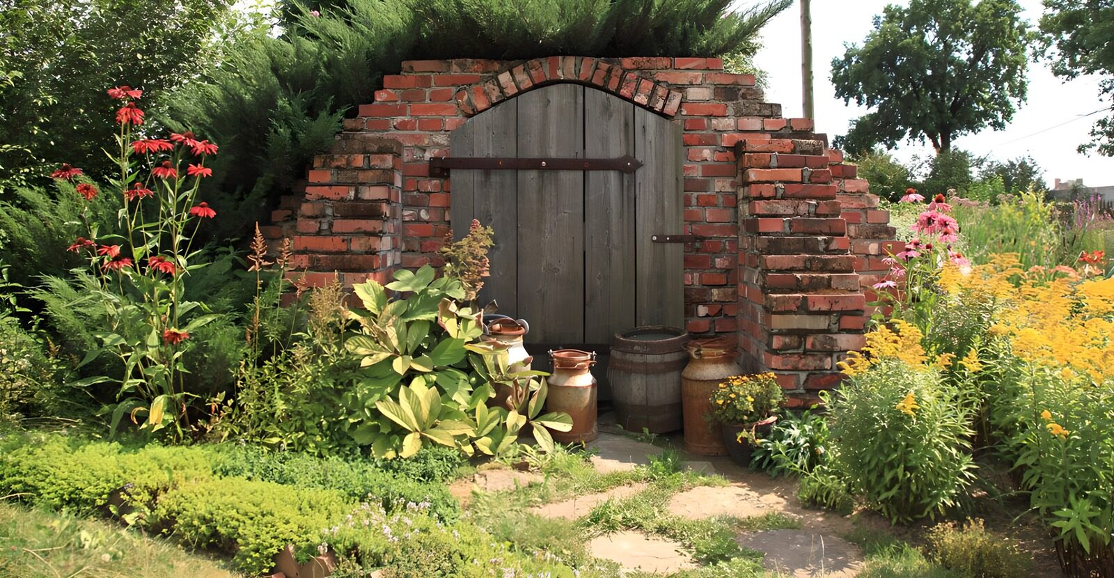 TPES56286: Puerta de madera en un jardín en flor