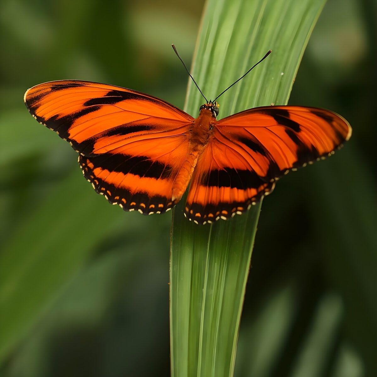 Mariposa naranja en reposo sobre una hoja