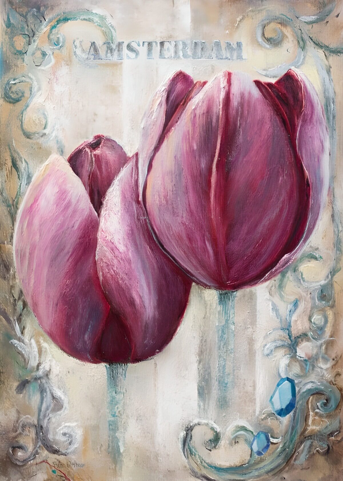 TPES16414: Dos tulipanes rosas de aire antiguo