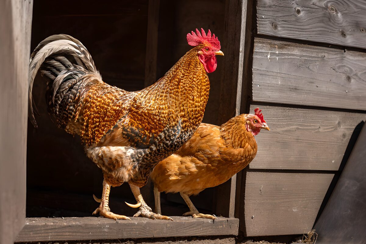 Gallo y gallina en un umbral de madera