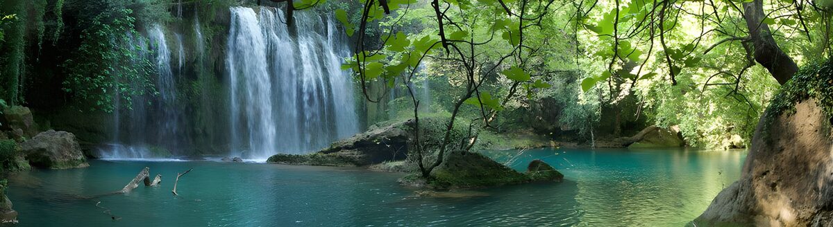 Cascada y poza turquesa entre el verde