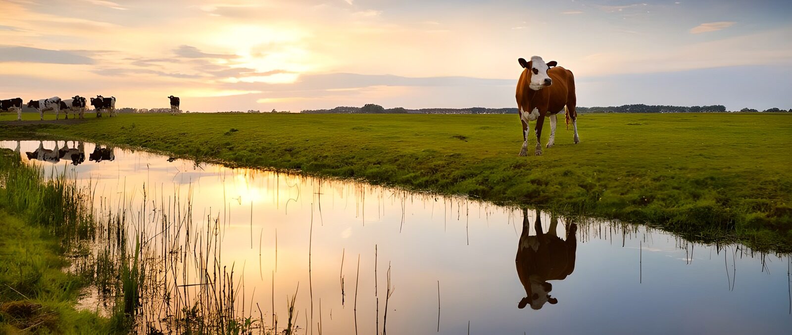 TPES89899: Vacas junto al canal bajo un cielo dorado