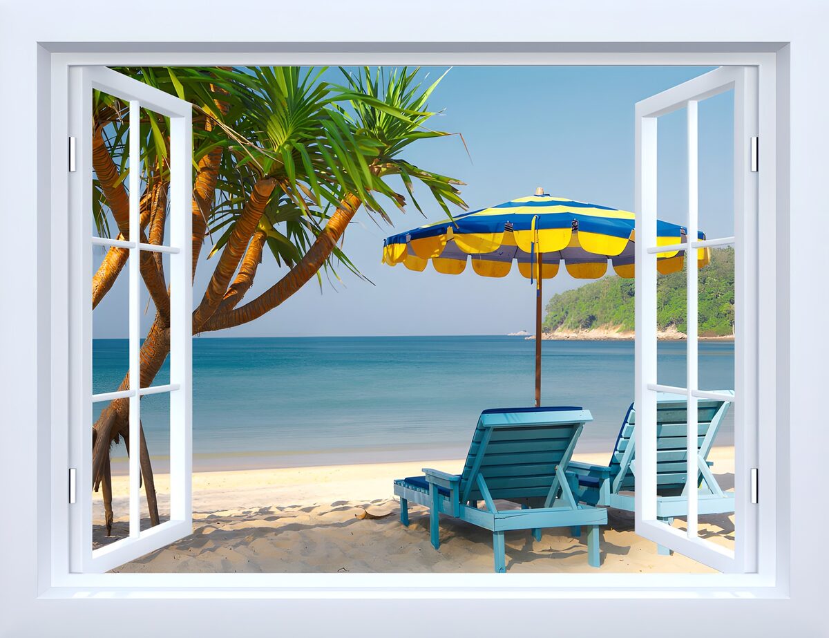 Ventana abierta a una playa tropical