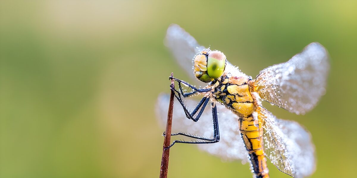 Libélula amarilla cubierta de rocío