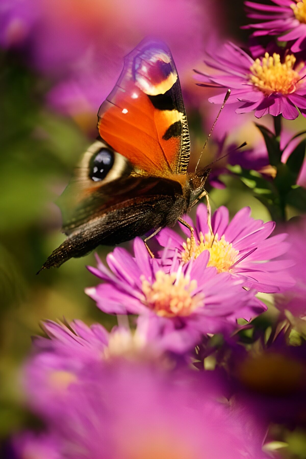 Mariposa al sol sobre ásteres violetas