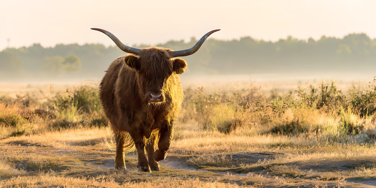 Vaca de las Highlands al amanecer