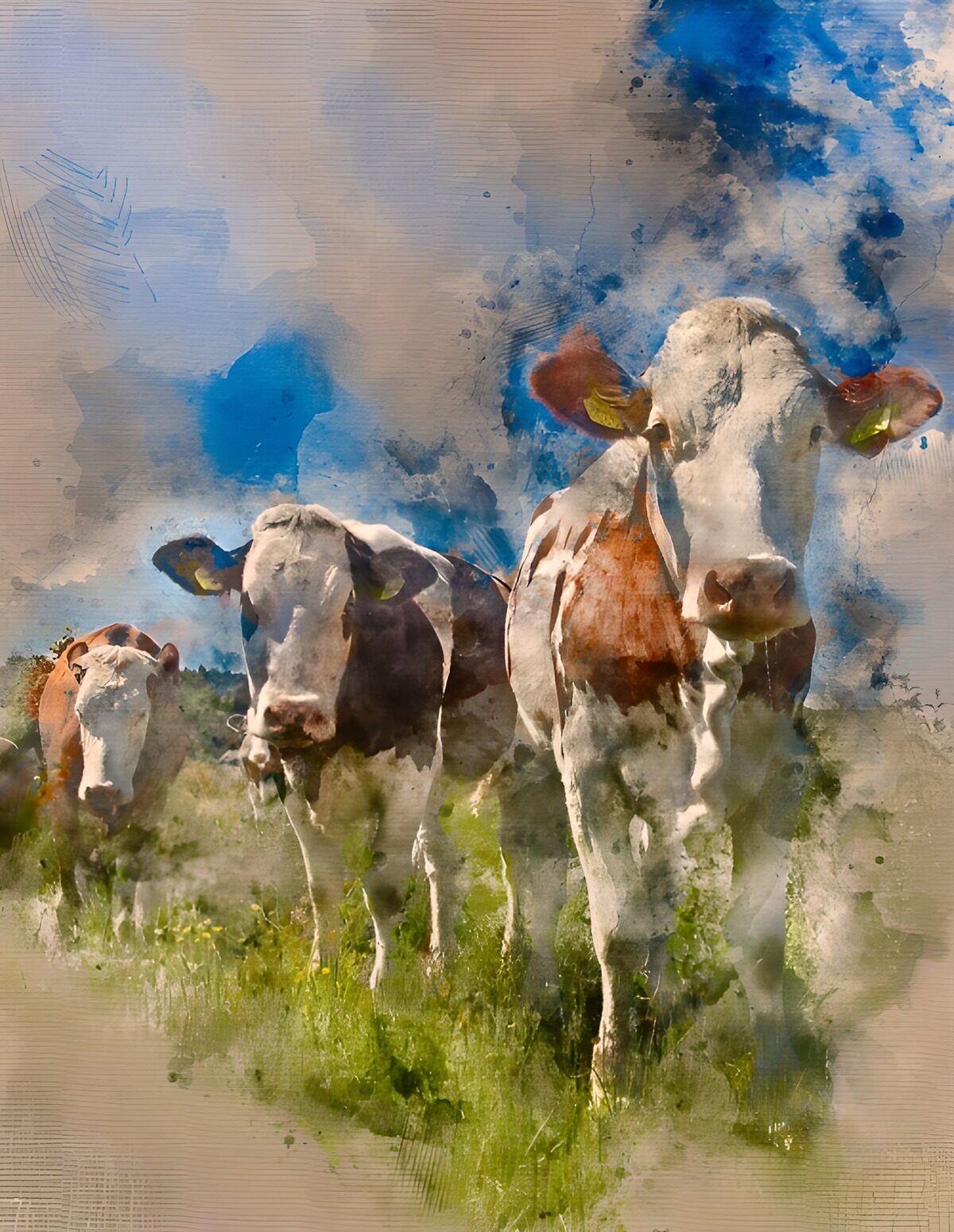 Tres vacas en un prado de acuarela
