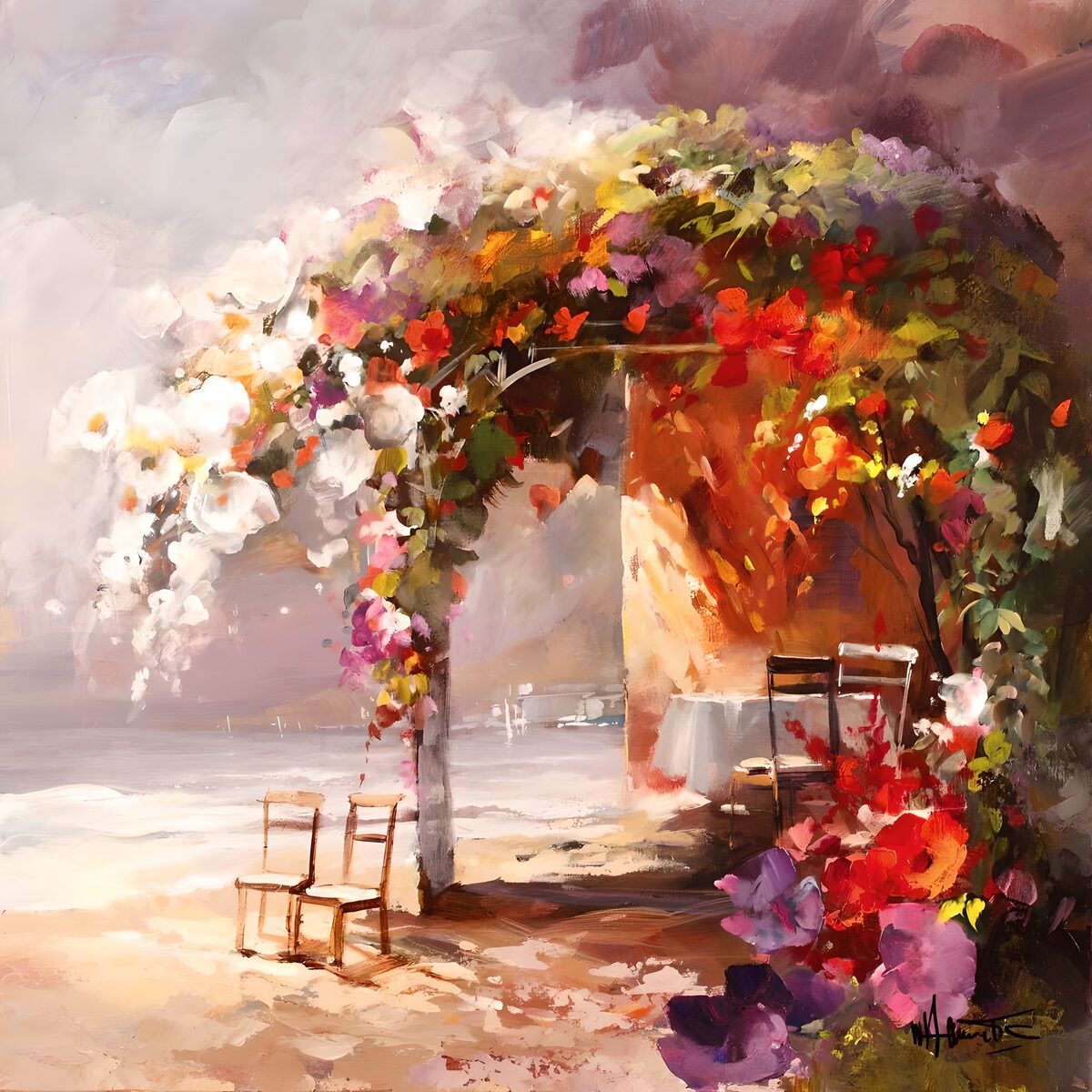 Terraza con sillas bajo un arco de flores