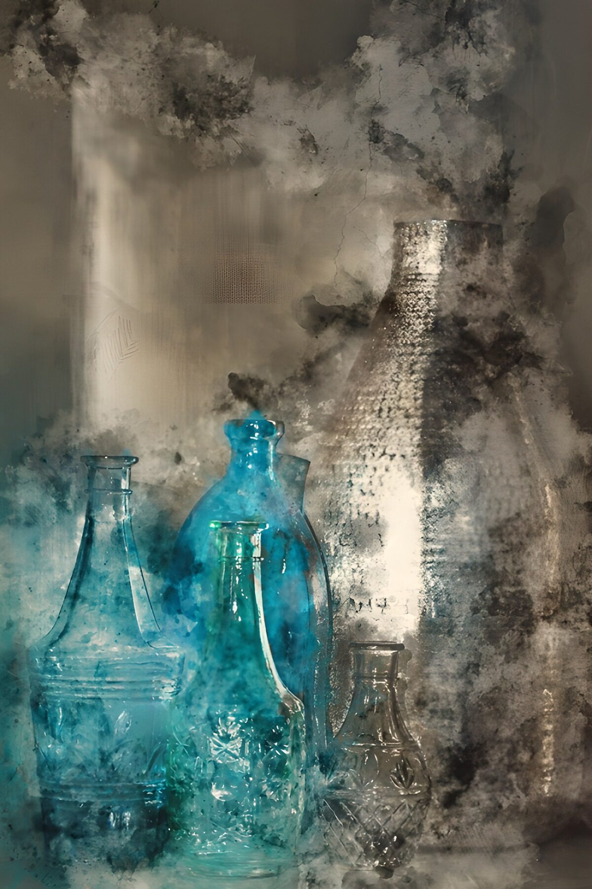 Botellas y decantadores en azul y gris