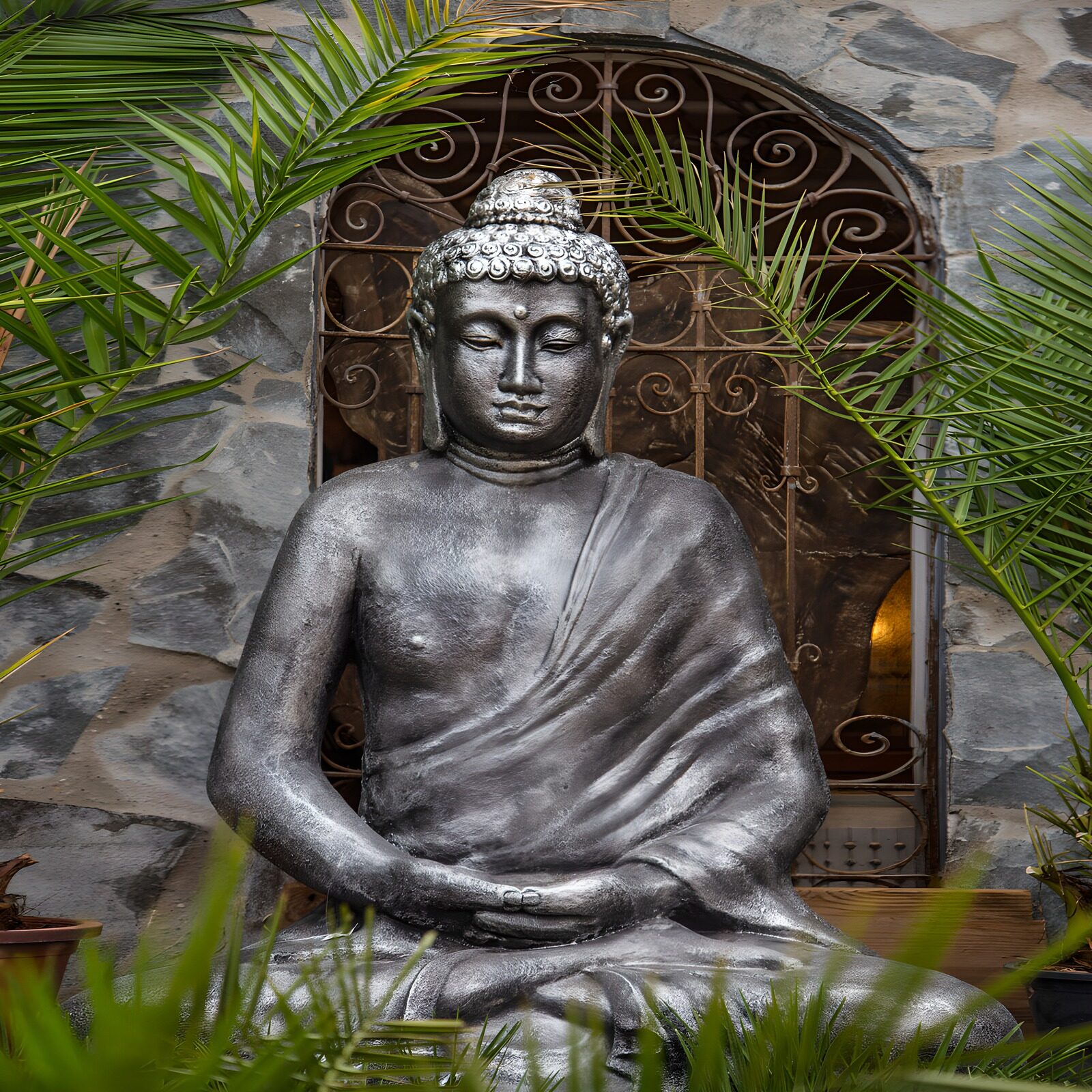 TPES95074: Buda gris sentado entre palmeras