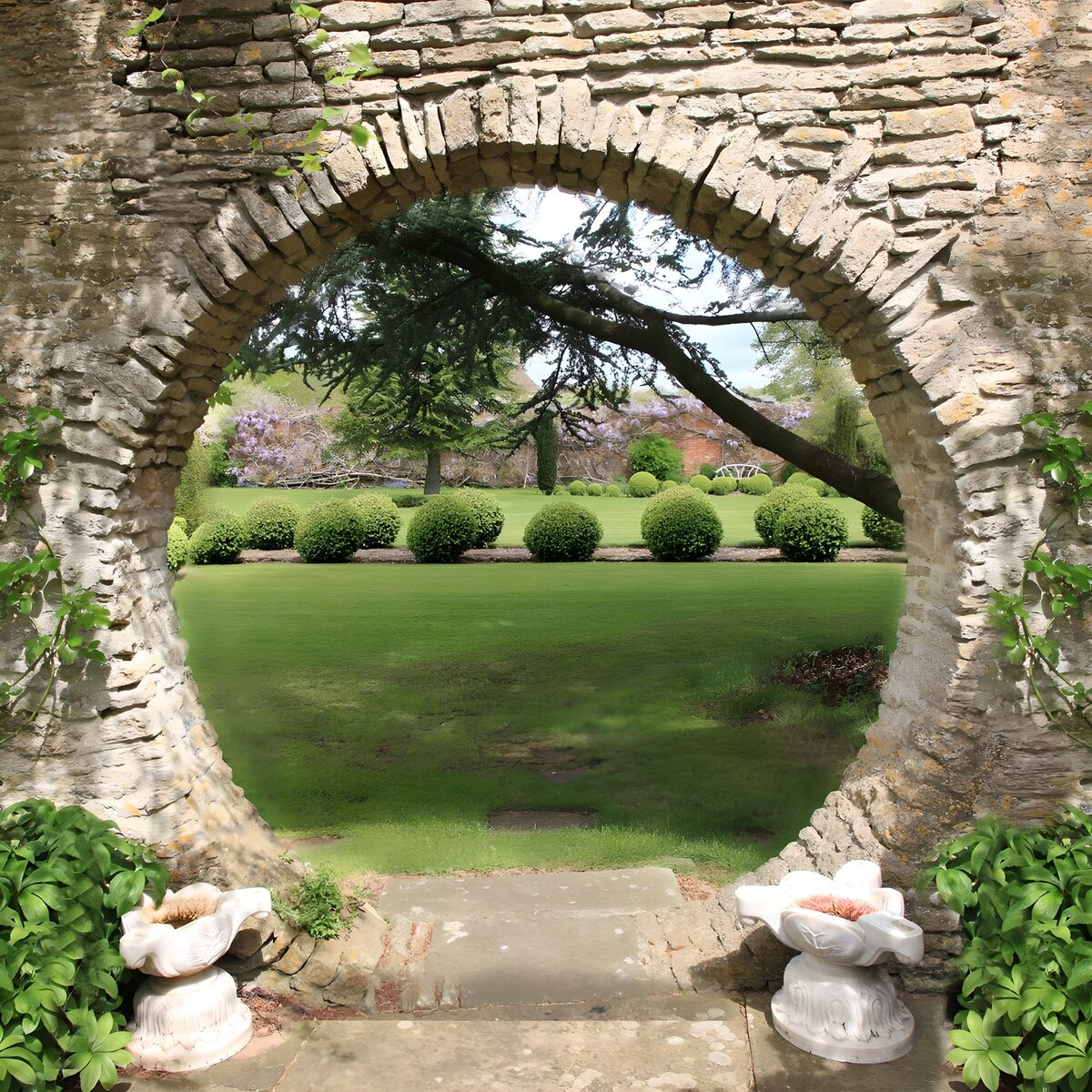 Arco de piedra hacia un jardín cuidado