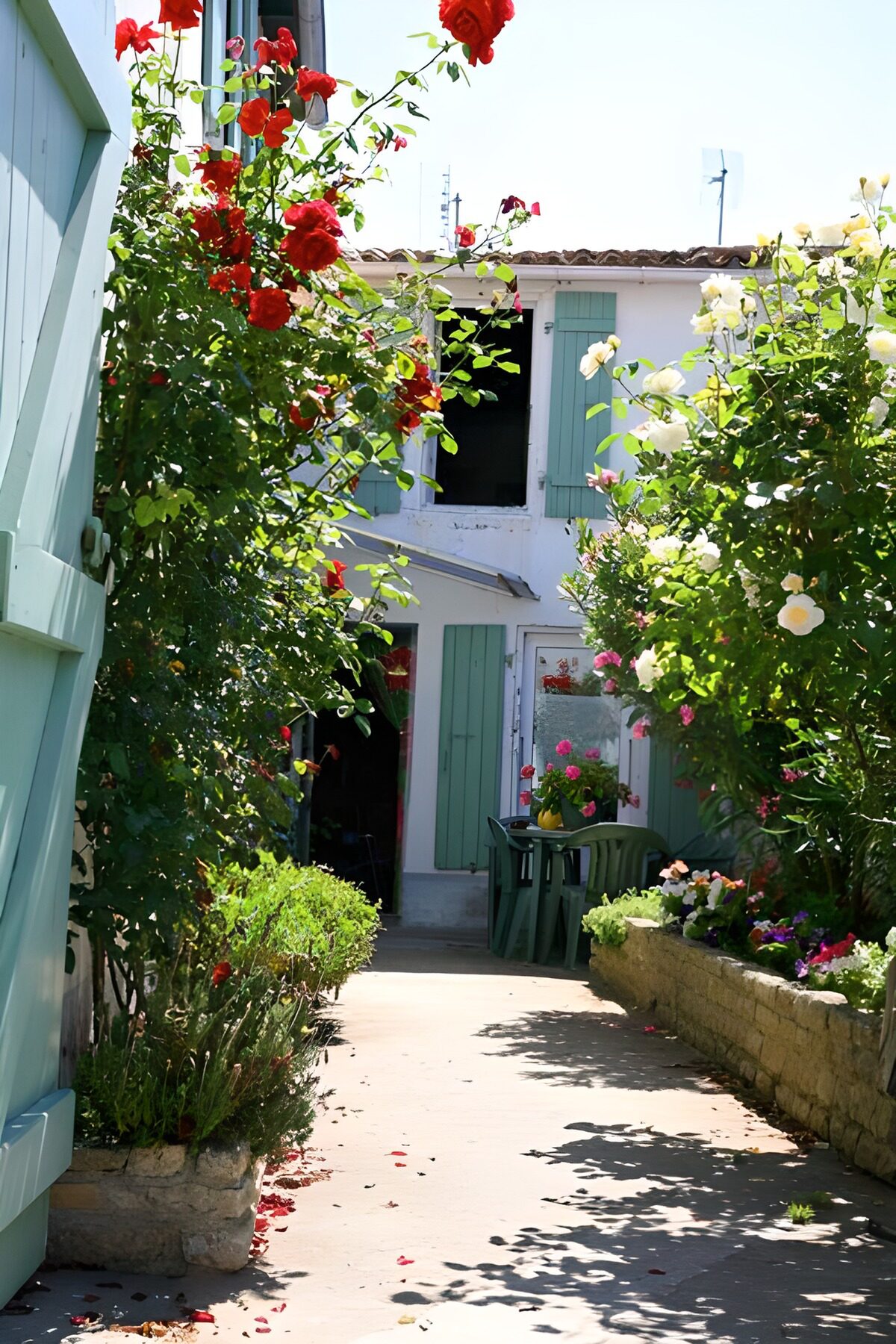 Camino entre rosas y contraventanas turquesas
