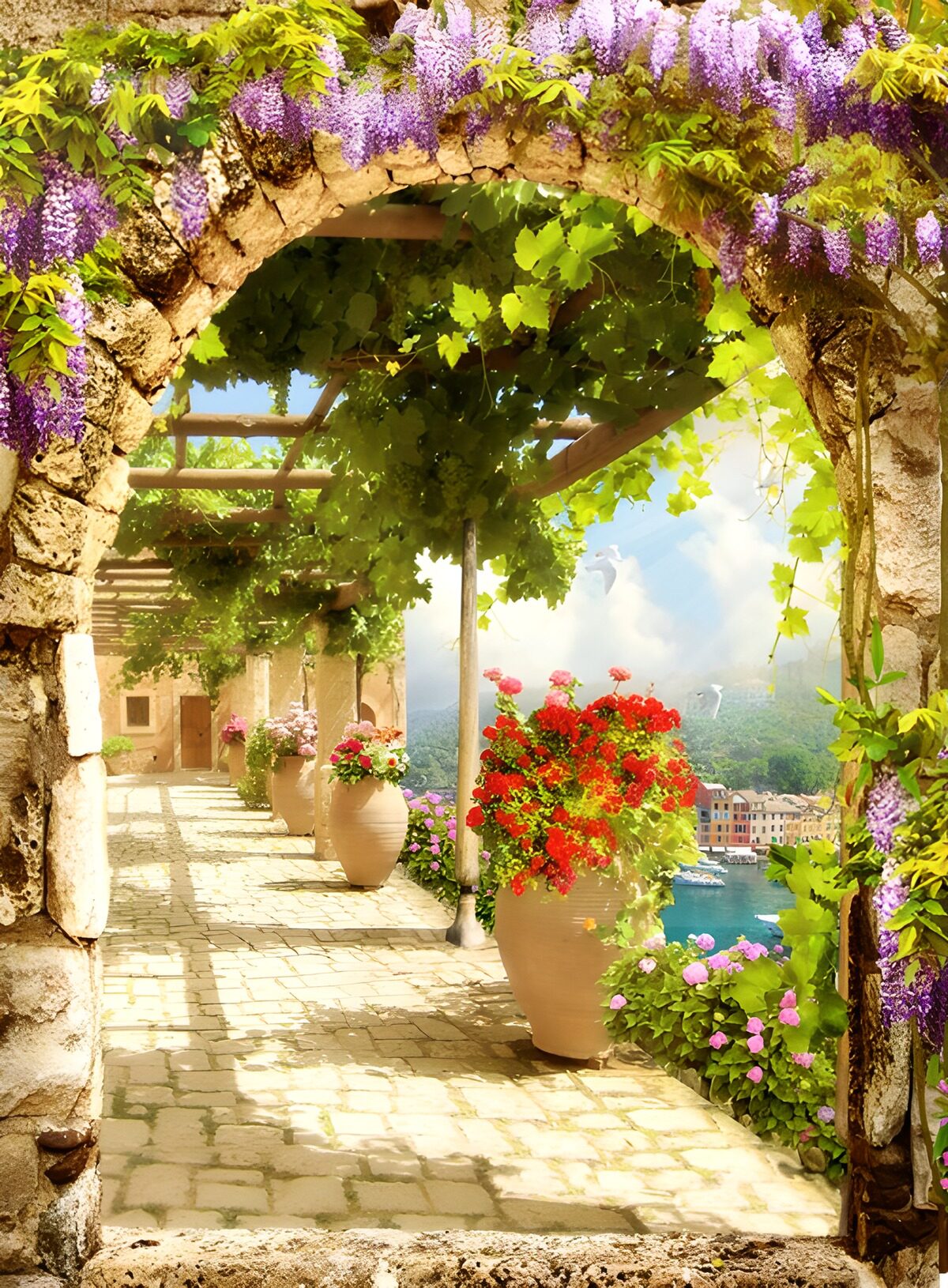 Arco de flores y terraza al sol
