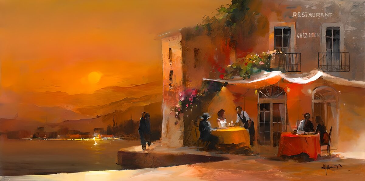 Restaurante junto al mar al atardecer