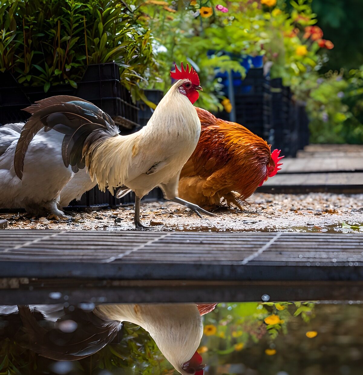 TPES78738: Gallo blanco al sol entre flores