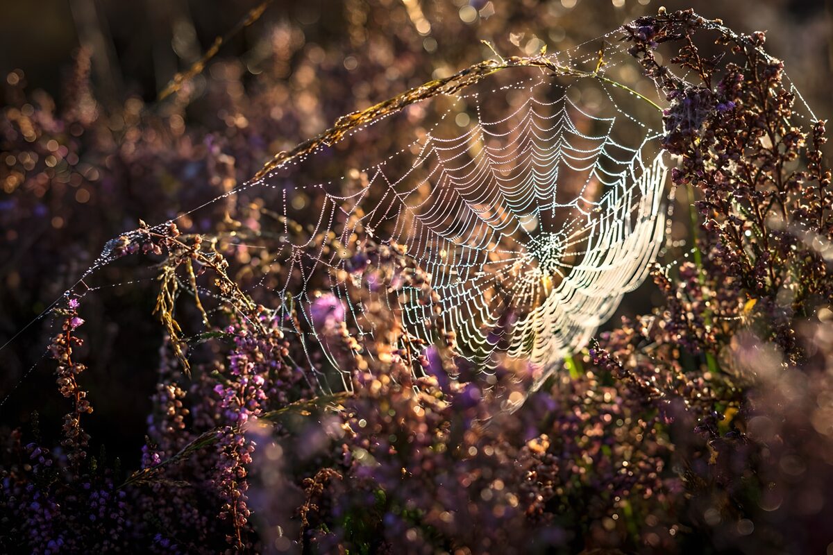 Telaraña con rocío a contraluz