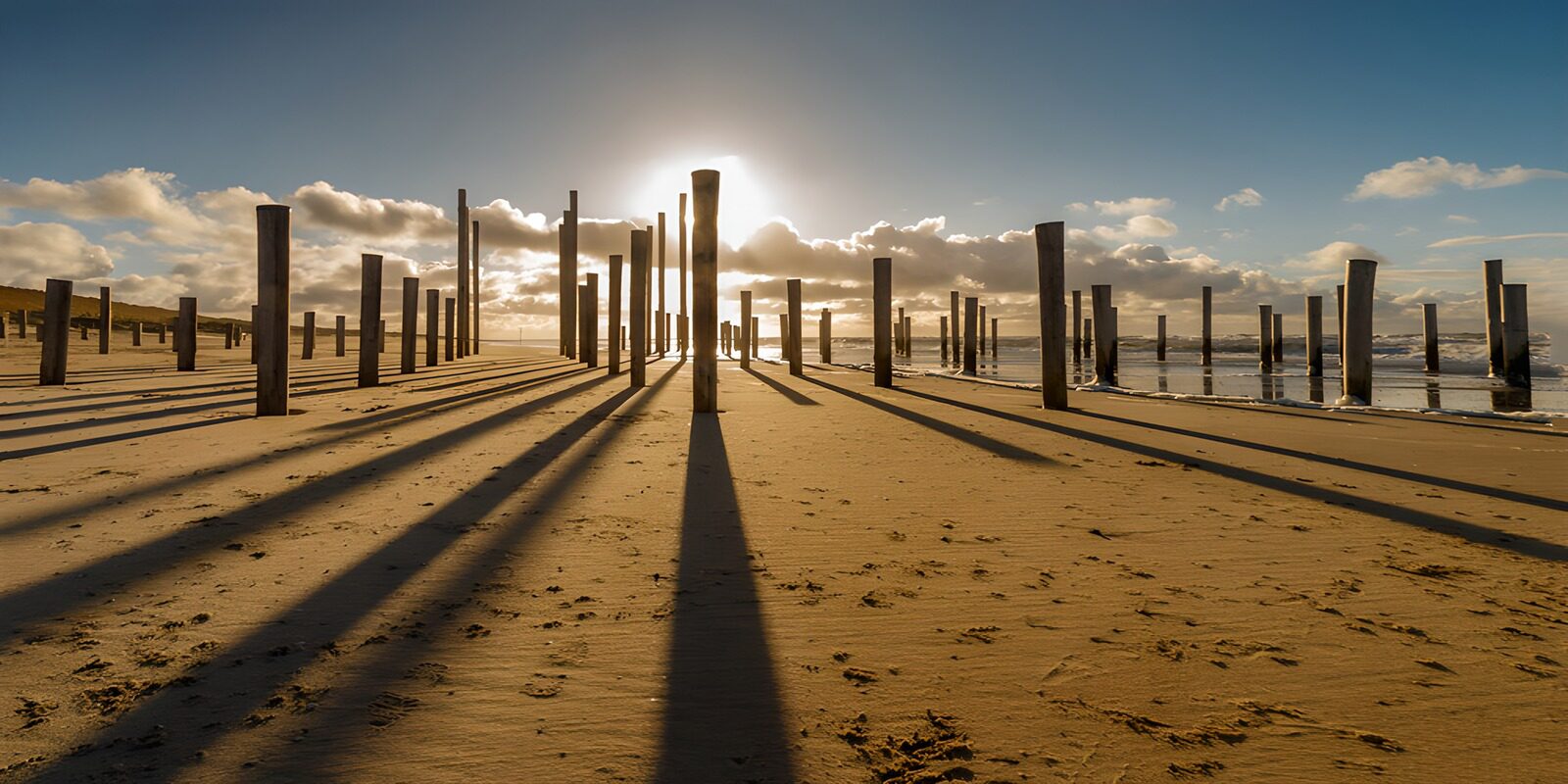 TPES14758: Playa con postes al atardecer