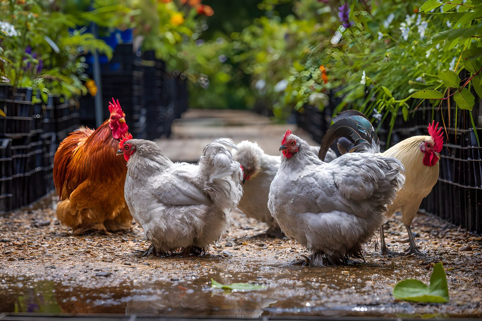 TPES76460: Gallinas y gallos en el sendero húmedo