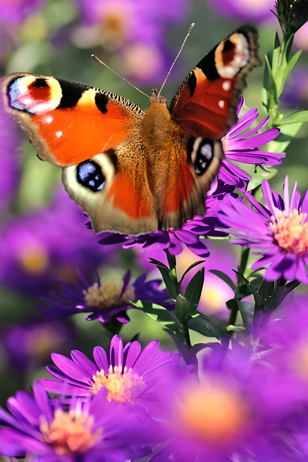 Mariposa pavo real entre flores violetas