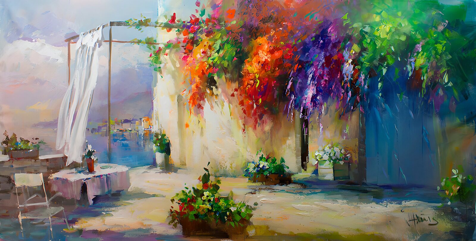 TPES15247: Terraza al sol con flores y puerta azul