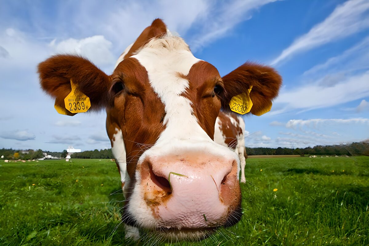 Vaca marrón y blanca en primer plano