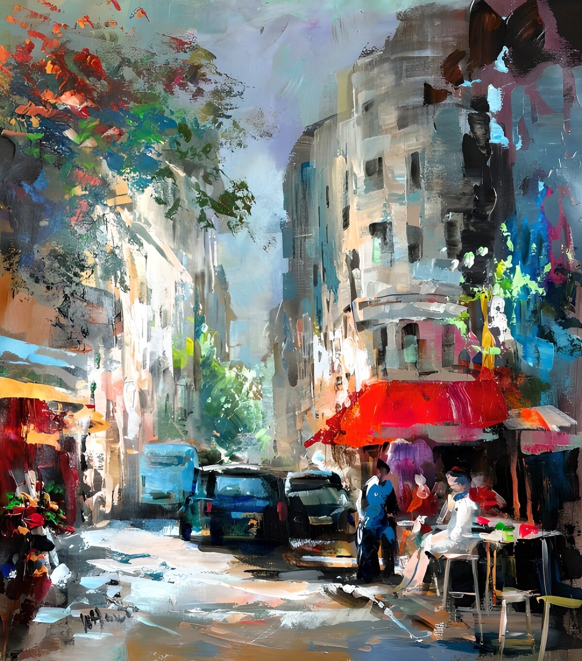 Calle de colores con terraza y coches