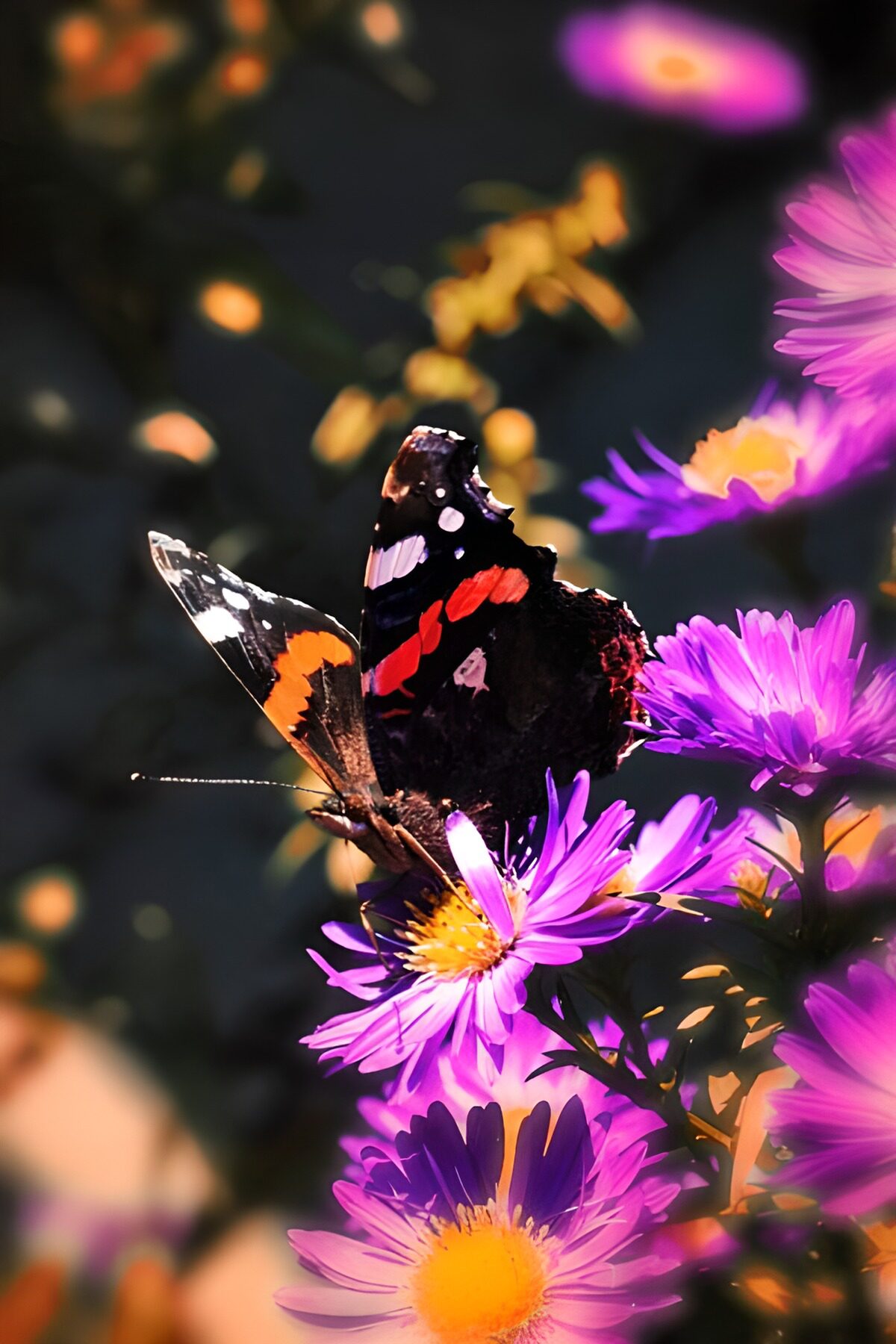 Mariposa al sol entre flores moradas