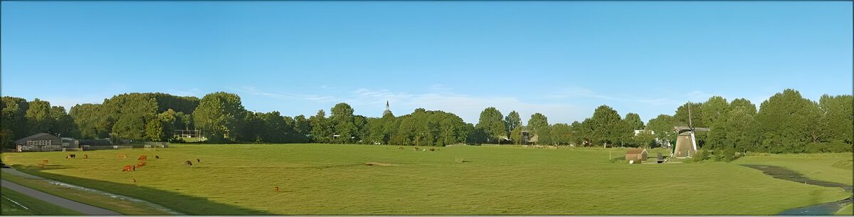 Pradera con vacas y molino al sol