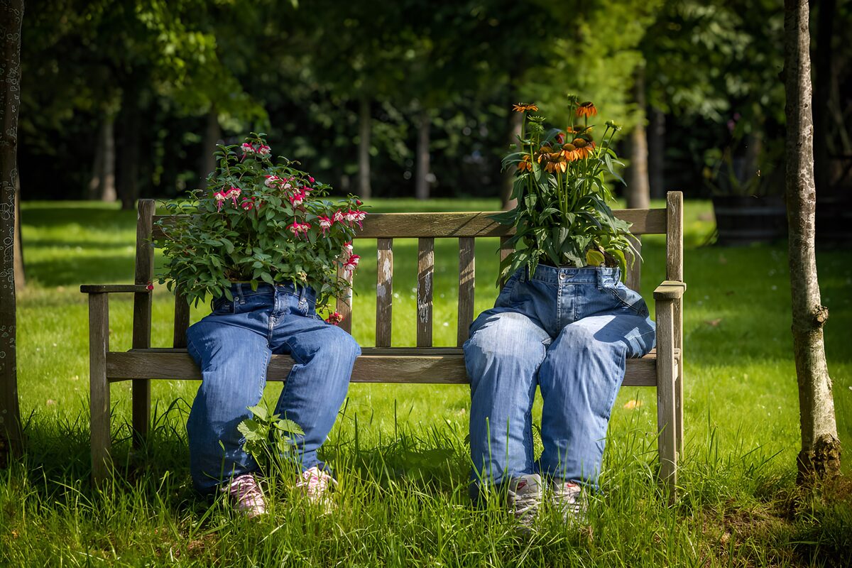 TPES60893: Vaqueros con flores en un banco de jardín