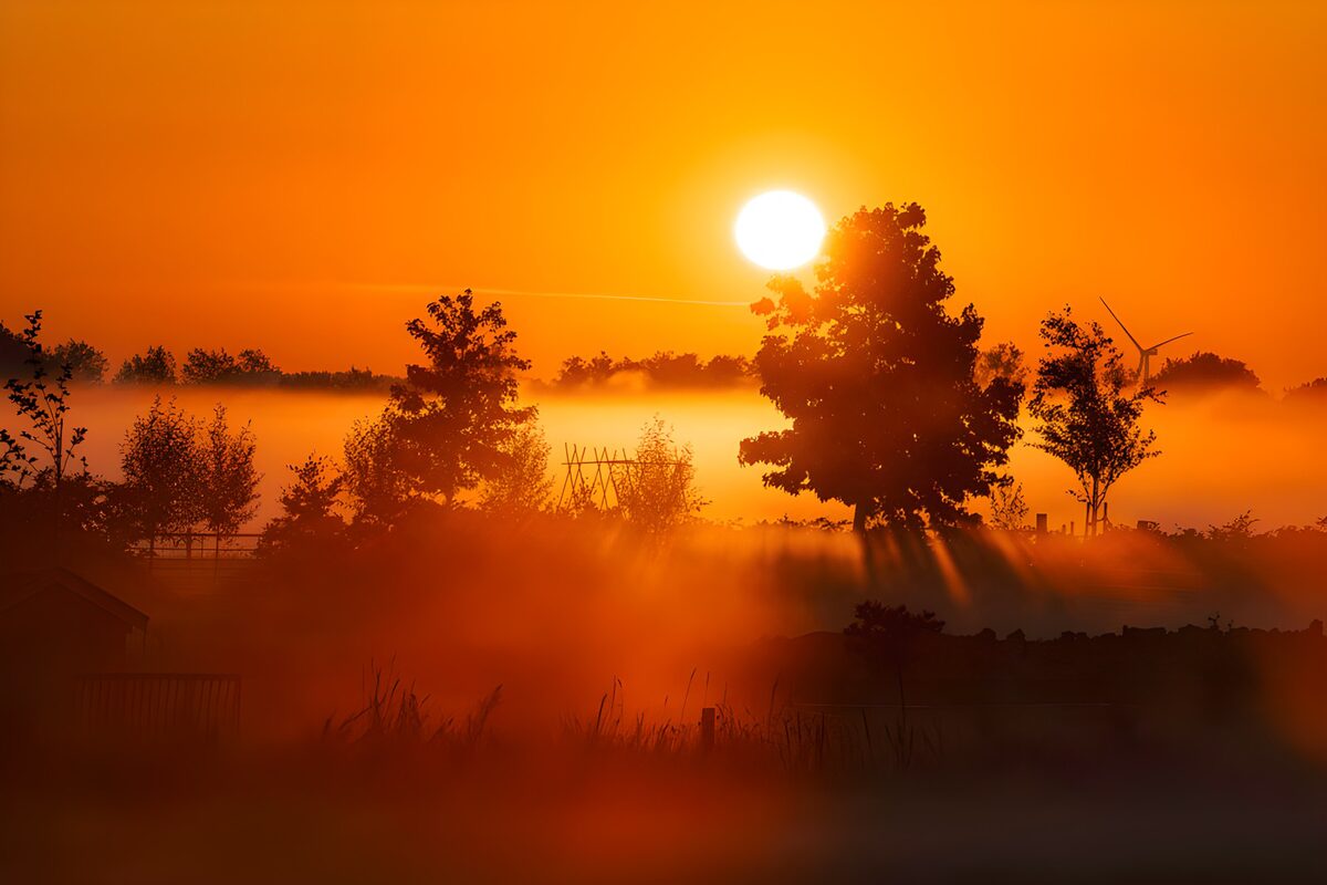 Amanecer con árboles y niebla dorada
