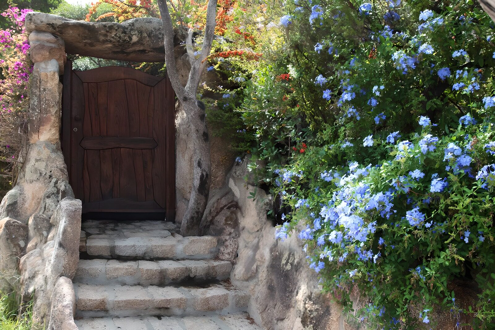 TPES56528: Puerta de madera entre flores azules