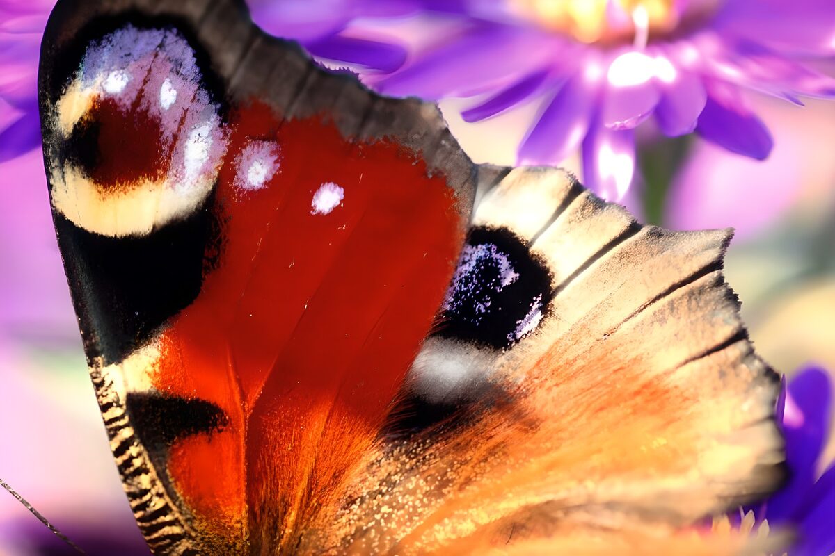 Mariposa pavo real entre flores moradas