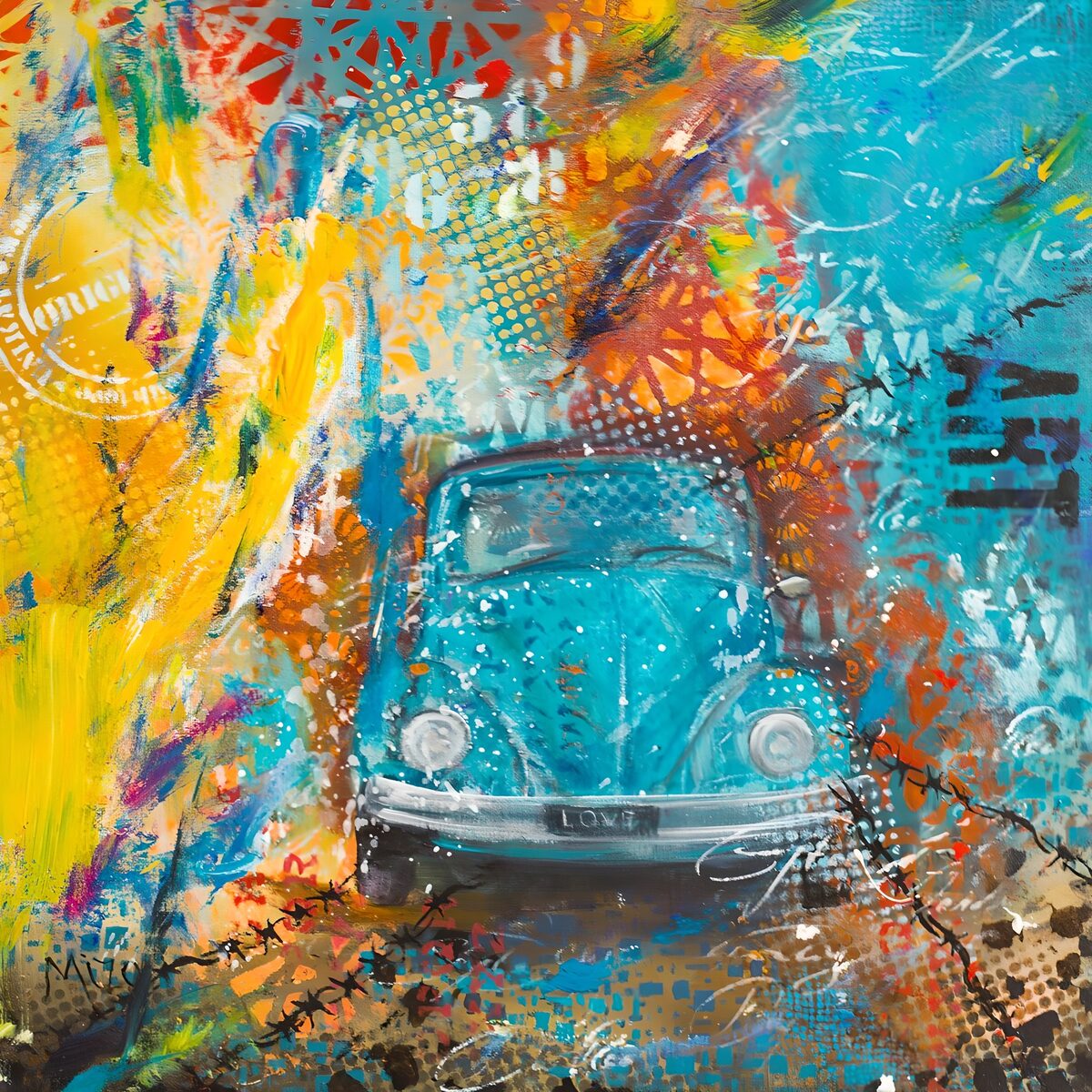 TPES19753: Coche clásico turquesa con fondo abstracto