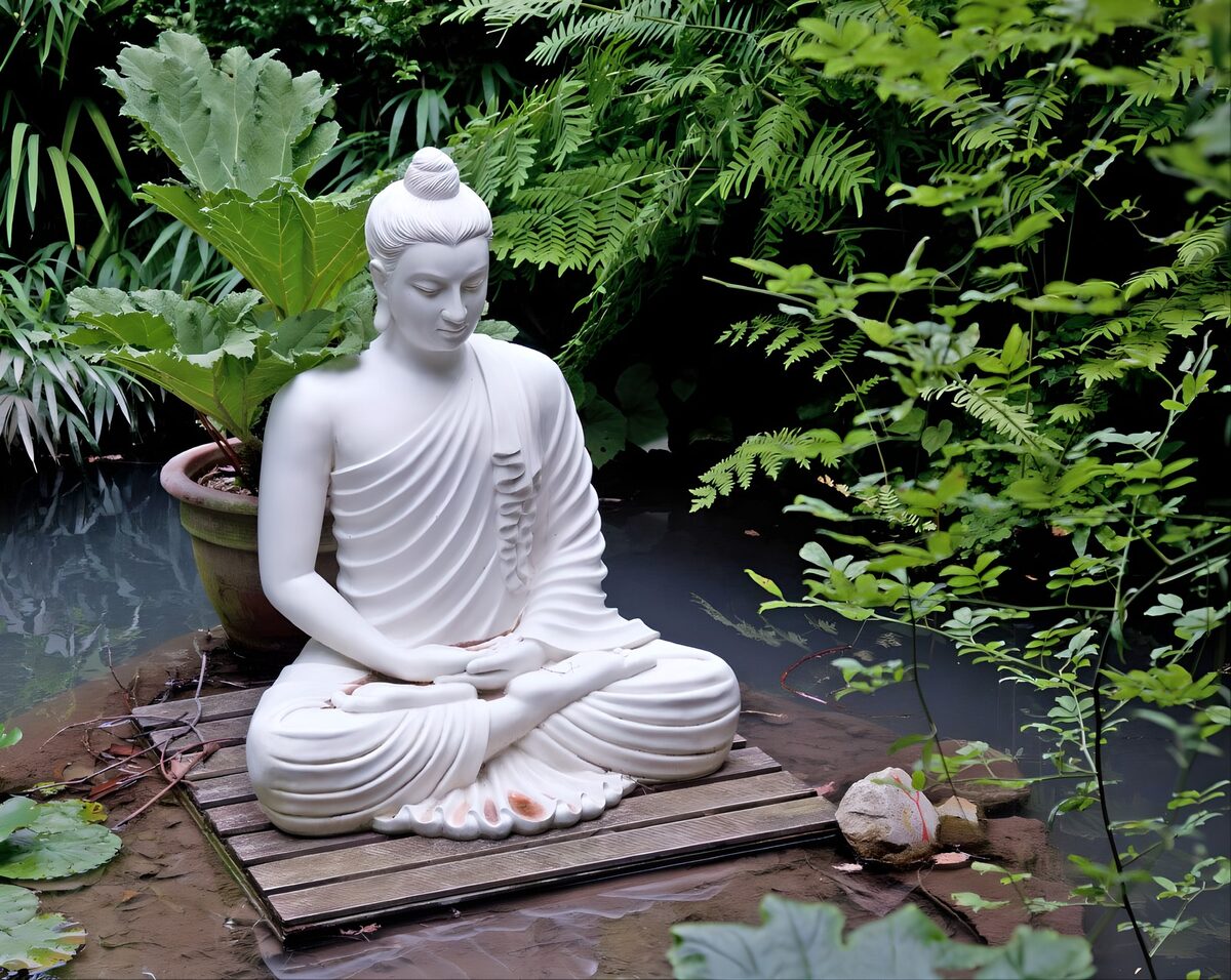 Buda blanco junto al estanque