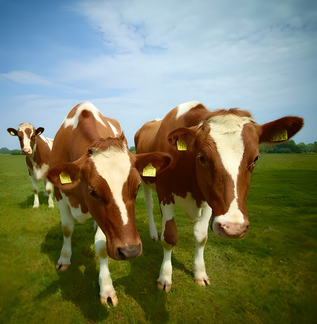Tres vacas al sol en la pradera