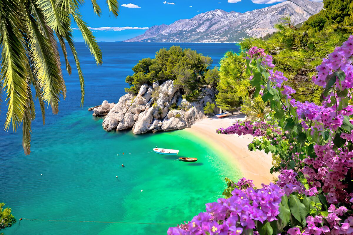 Cala turquesa con flores y palmeras