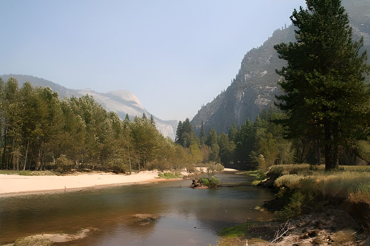Río entre bosques y montañas