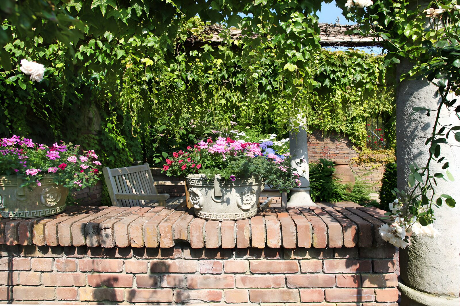 TPES11988: Jardín con pérgola y macetas en flor