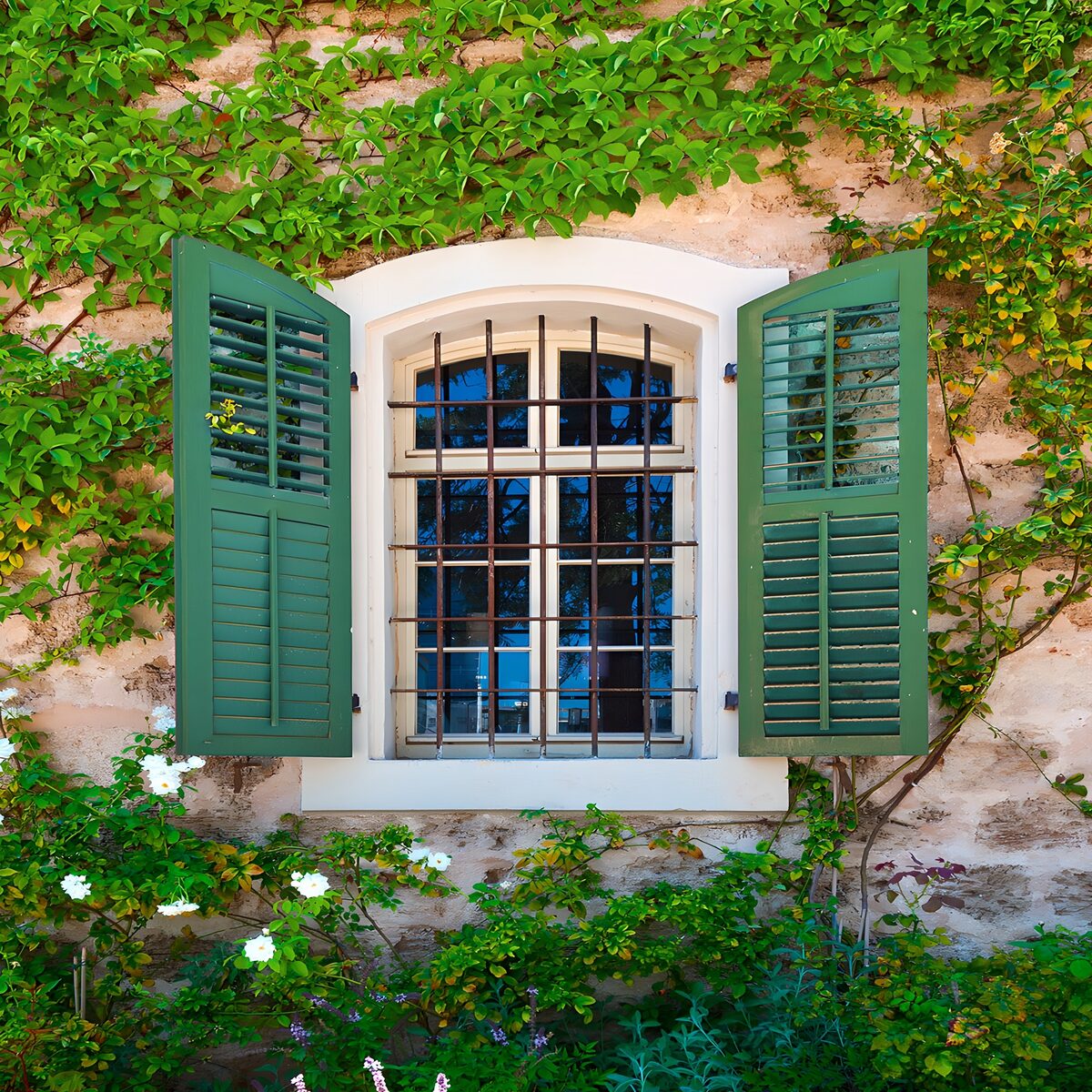 TPES81054: Contraventanas verdes entre flores