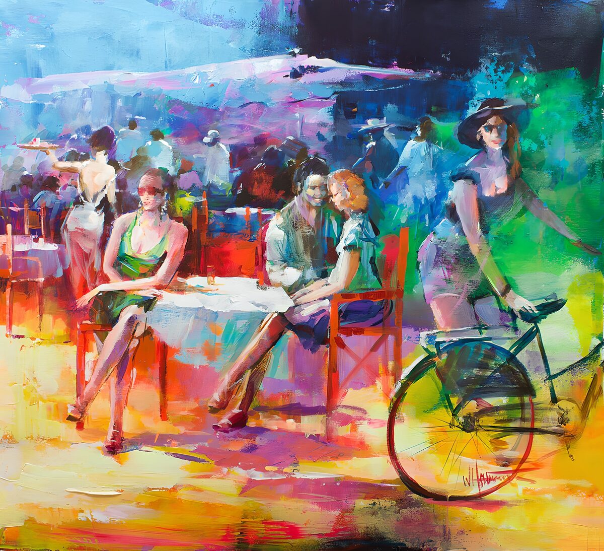 Café de verano con mujeres y bicicleta