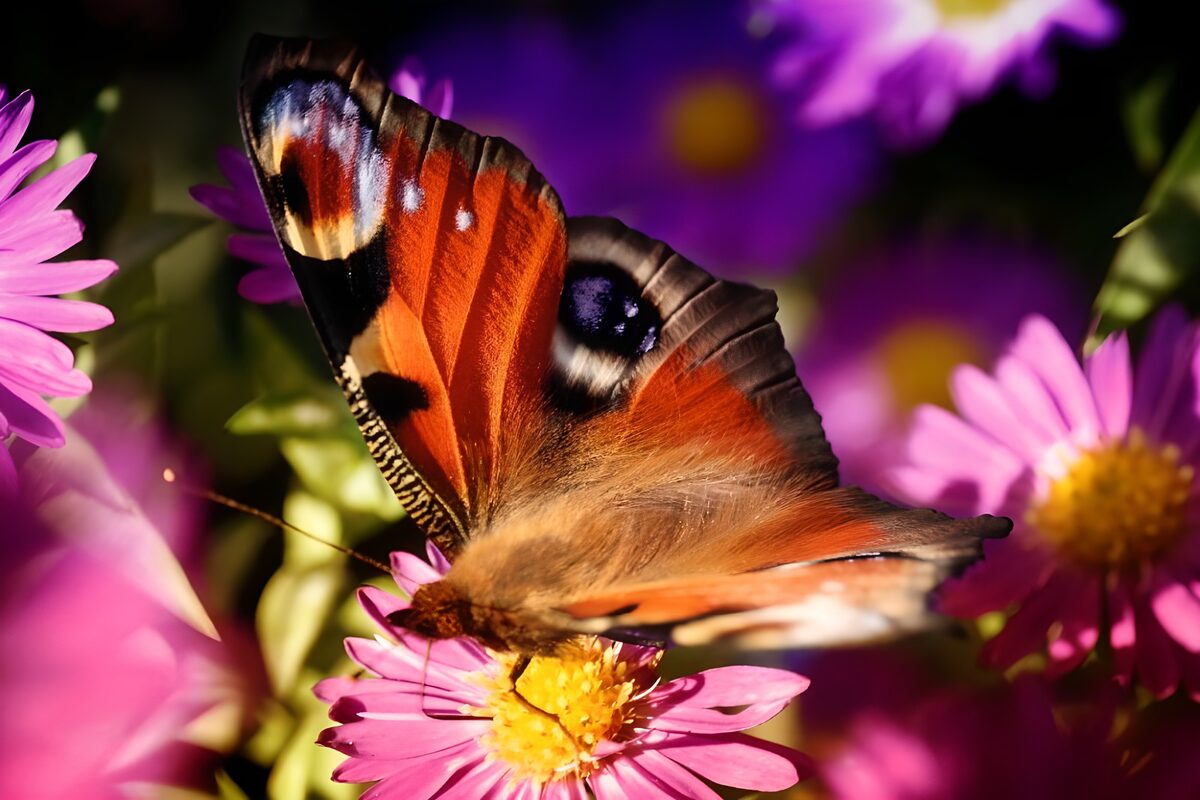 Mariposa pavo real sobre una flor rosa