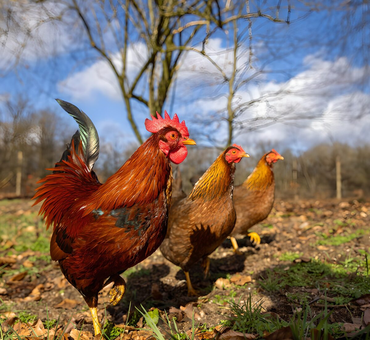 Gallo de cobre entre hojas secas