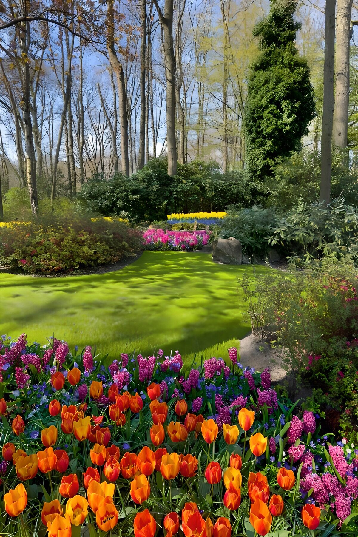 Jardín de tulipanes y jacintos al sol