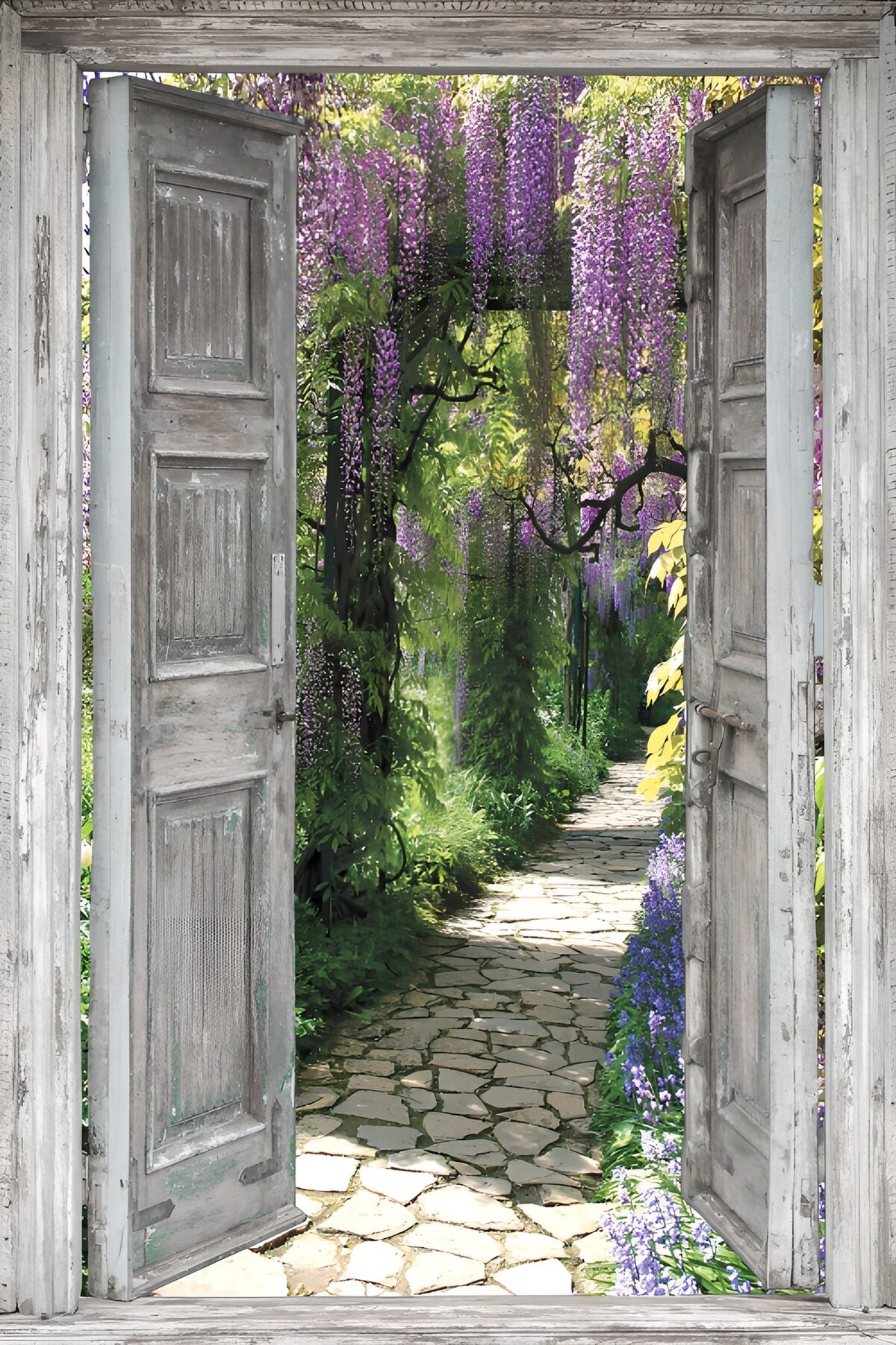 Puertas abiertas a un jardín de glicinas
