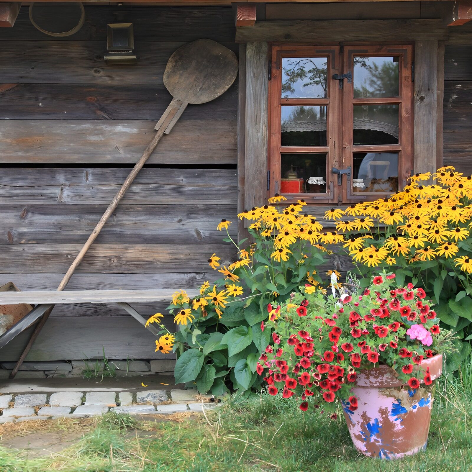 TPES48630: Fachada de madera entre flores