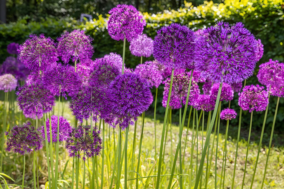 Ajos ornamentales morados al sol