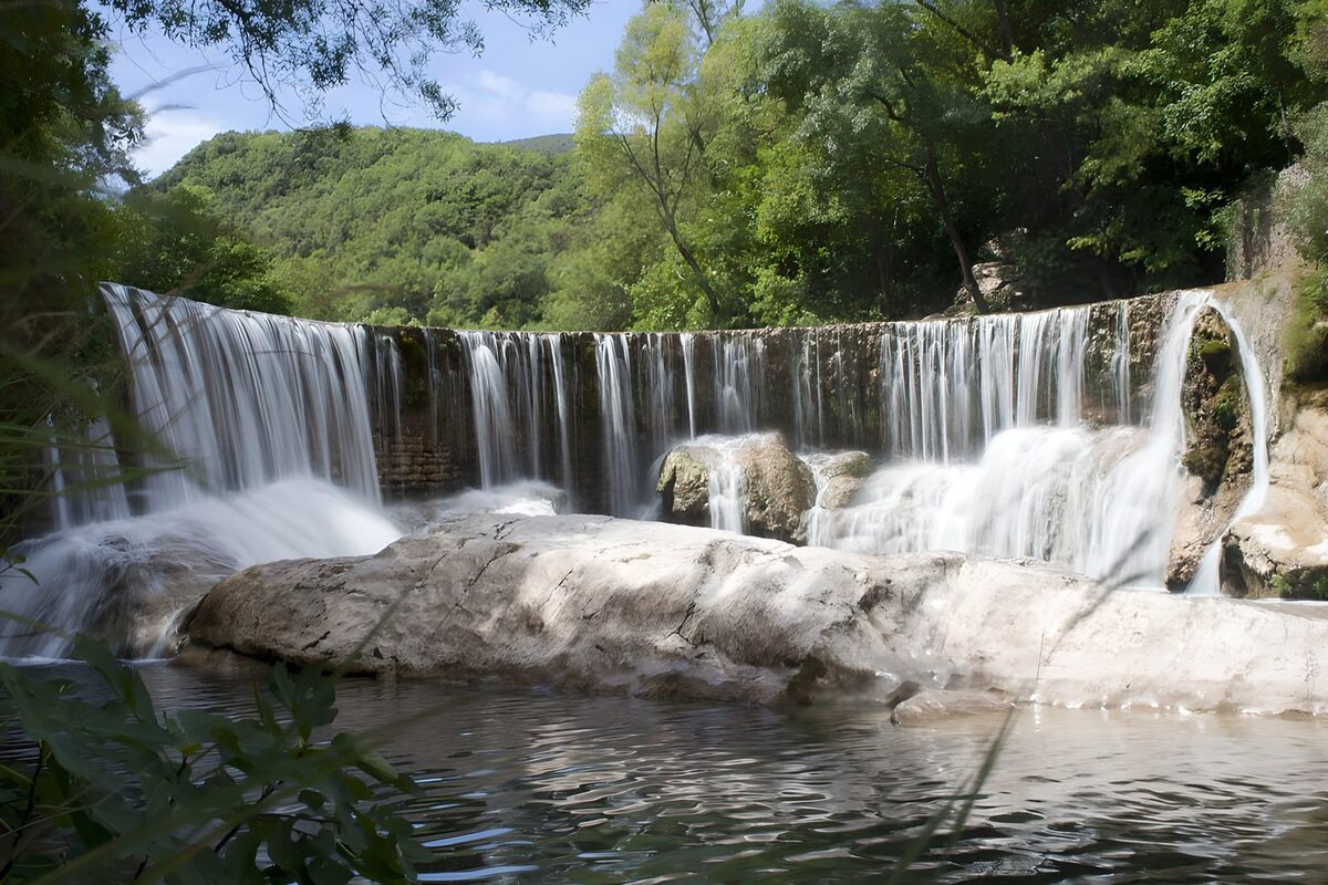 Cascada entre rocas y bosque
